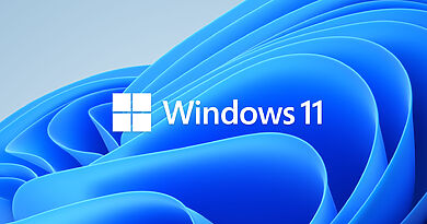 Windows-11-Logo vor dem blauen Bloom-Hintergrund