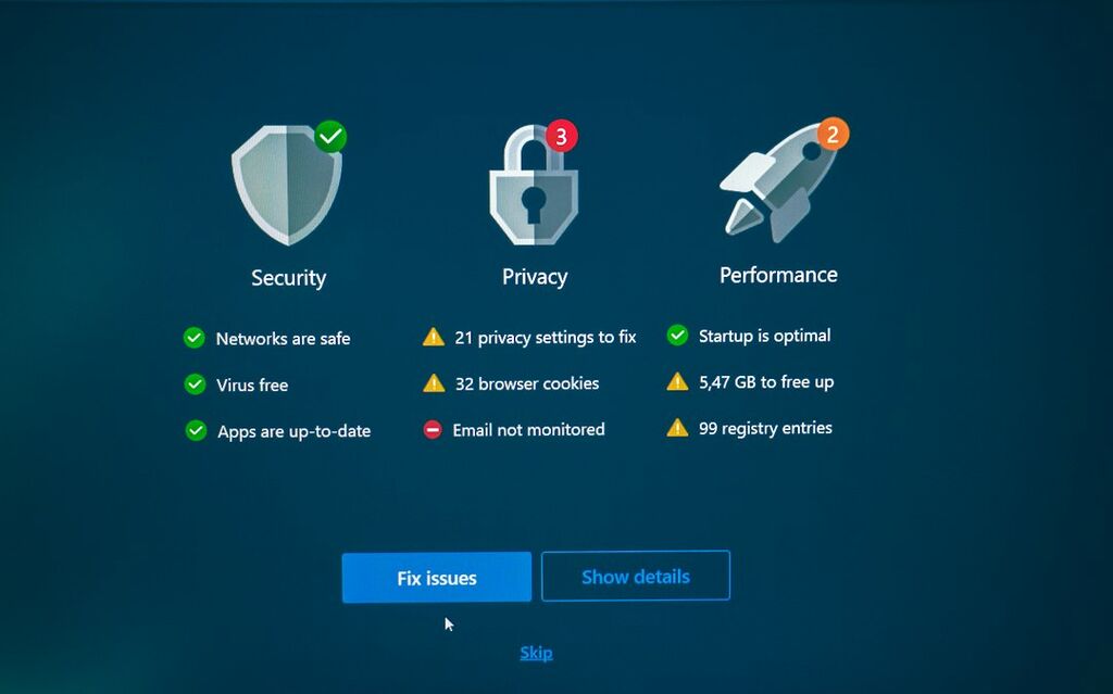 Darstellung von Sicherheits-, Datenschutz- und Leistungsstatus als Symbolbild für Windows-Reparaturen