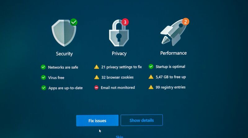 Darstellung von Sicherheits-, Datenschutz- und Leistungsstatus als Symbolbild für Windows-Reparaturen